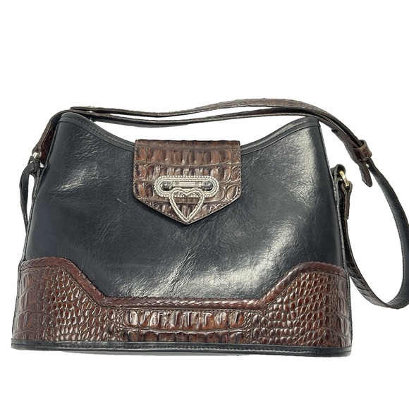 Brighton Handbags - Vintage Brighton Black Leather Brown Croc Embossed Bucket Shoulder Bag Purse‎